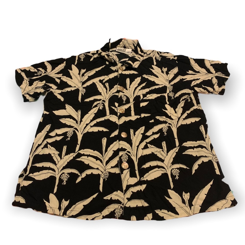 Vintage Chico’s Design Hawaiian Shirt Linen Short Sleeve Women’s 2 Pearl Buttons